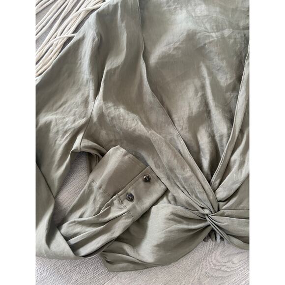 Zara Twist Front Linen Crop Top Large Olive Green Long Sleeve Tie Back Deep V - Picture 5 of 9